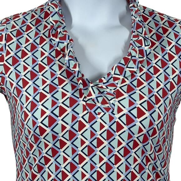 J. McLaughlin Durham Ruffle Top Size XS Geometric Diamond Print 3/4 Sleeve - Picture 3 of 13